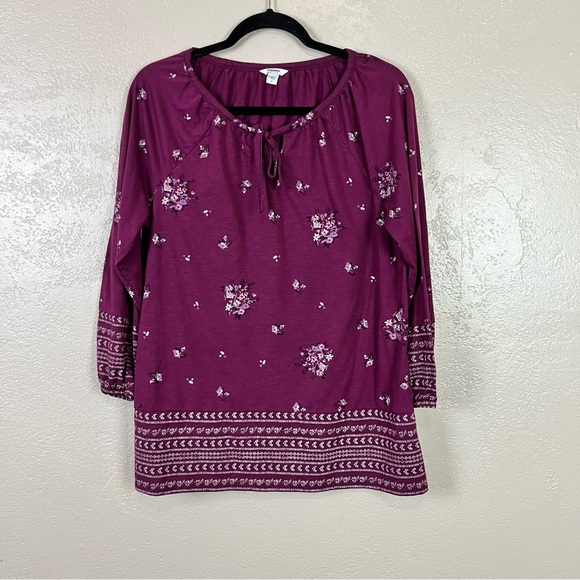 5 for $30 Sonoma Women L  Burgundy Peasant‎ Floral Tie Neck 3/4 Sleeve Rayon Top - Picture 8 of 15